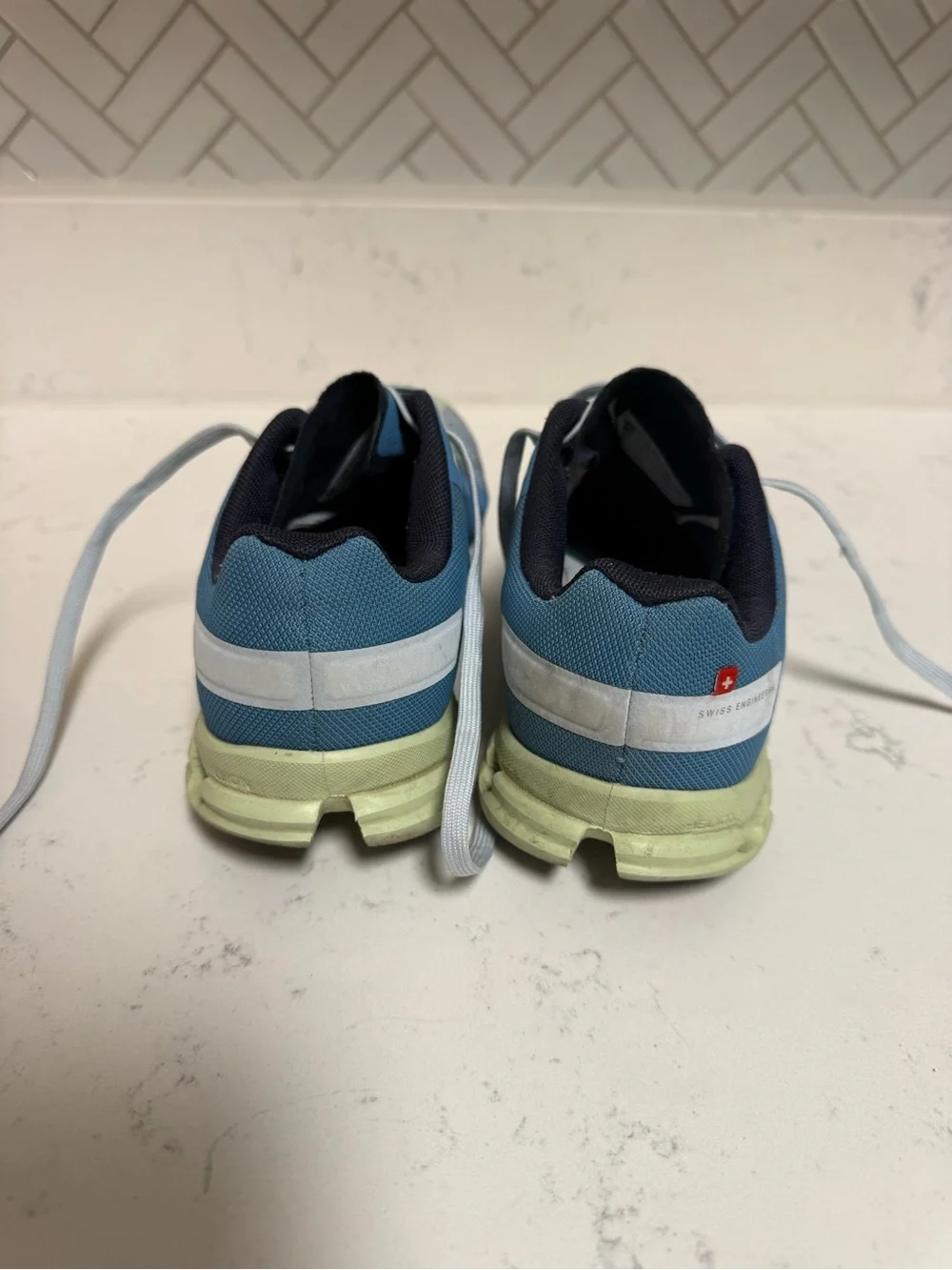 On Running Cloud Sneakers in Light Blue with Lime Accent womens 6.5